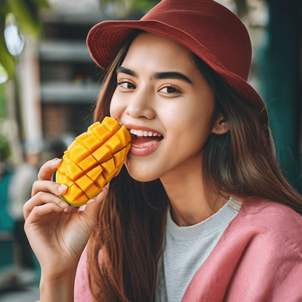 A beautiful attractive girl eating Mango Ai